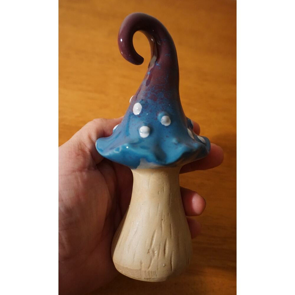 Mushroom Garden Statue Fairy Country Cabin Home Decor Large 6" Blue Polka Dot